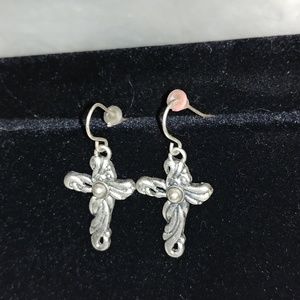 Cross silver pearl earrings